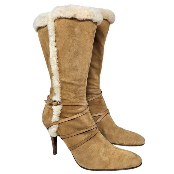 Vintage Y2K Circa Joan David 8.5 Brown Leather Faux Shearling Heel Boot Boho - Picture 1 of 5